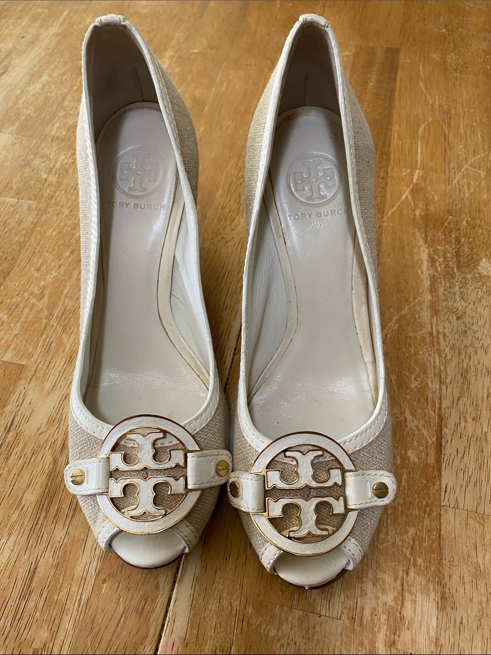 Tory Burch Cream Peep-Toe Heels with Logo Medallion